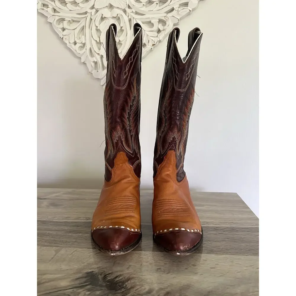 Tony Lama Vintage Brown Embroidered Cowboy Boots Size 6.5 1028 L Western